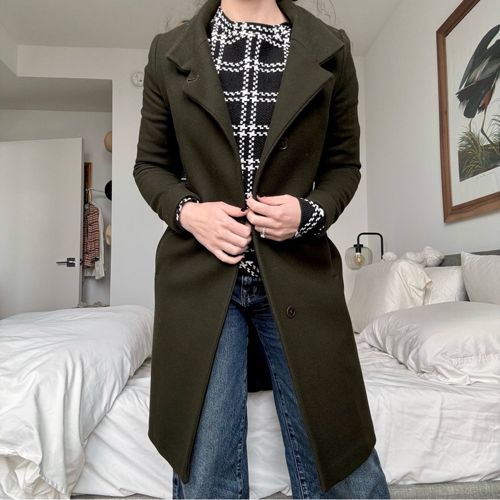 Reiss Dark Green Marcie Wool Blend Mid Length Coat Lined Classic Winter Fall 2